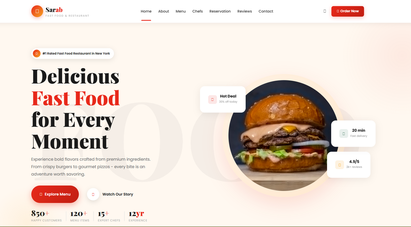 Restaurant template preview; example branding and figures belong to the template concept.